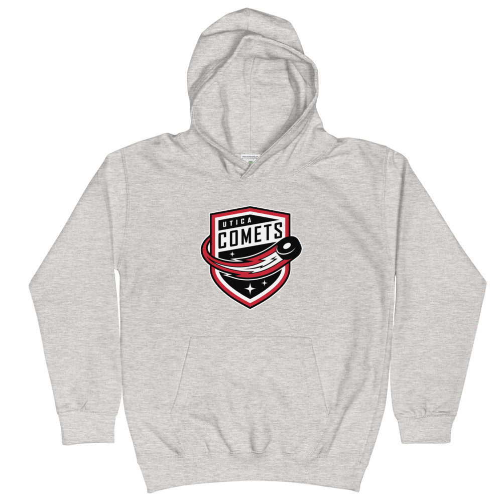 Utica Comets Youth Primary Logo Pullover Hoodie (Sidewalk Sale, Heather Grey, Youth XL)