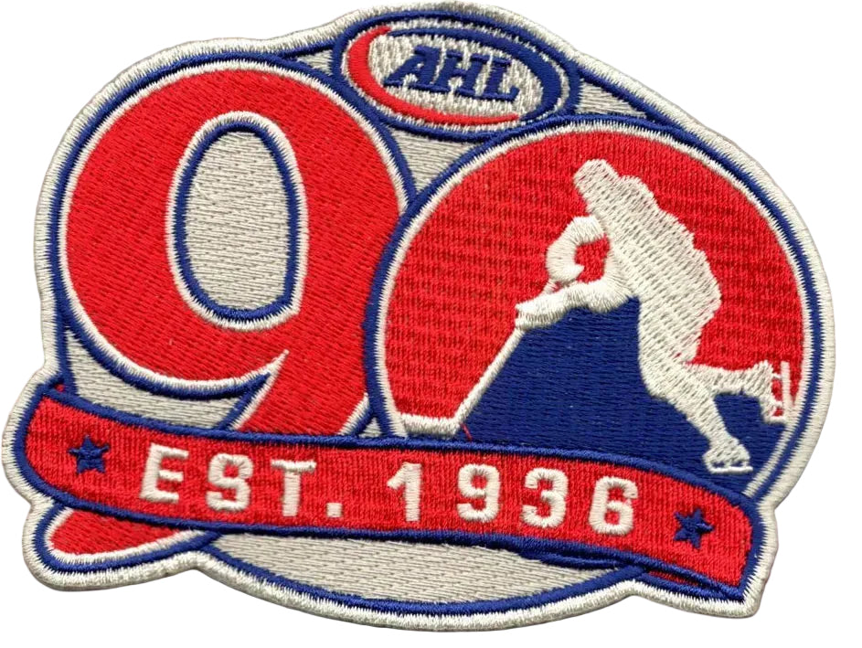 Patch with number 90, 'AHL', and 'Est. 1936' on a red and blue background