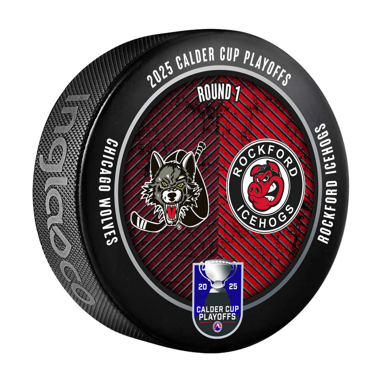 Chicago Wolves vs Rockford Icehogs 2025 Calder Cup Playoffs Dueling Souvenir Puck
