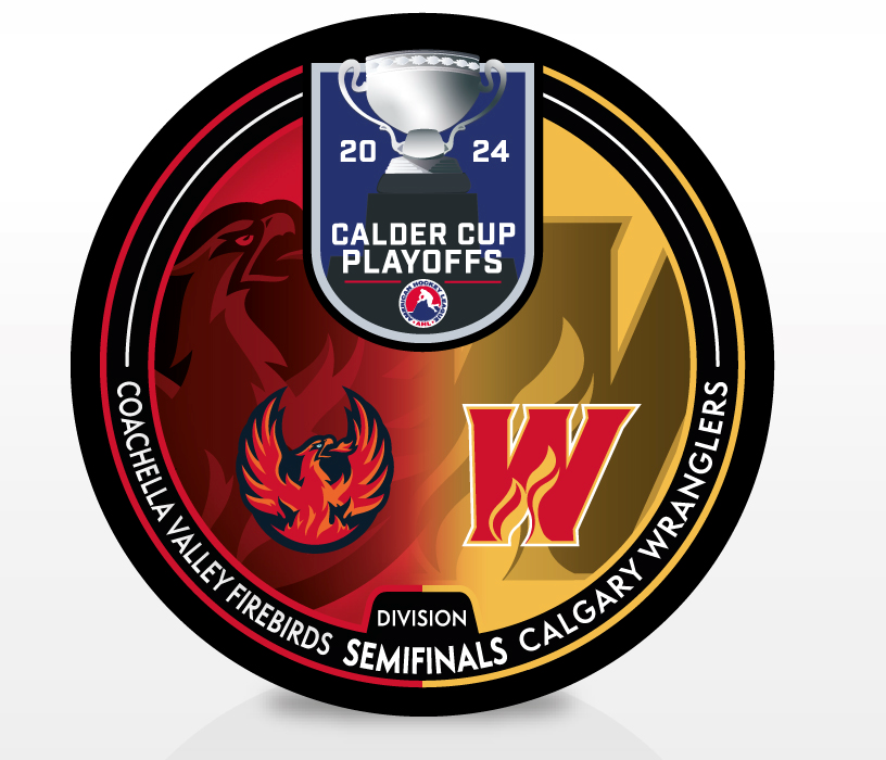 Coachella Valley Firebirds vs Calgary Wranglers 2024 Calder Cup Playoffs Dueling Souvenir Puck