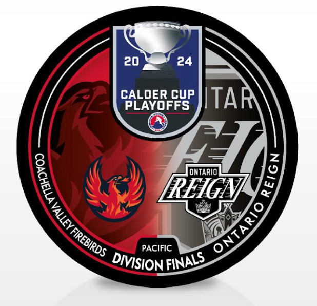 Coachella Valley Firebirds vs Ontario Reign 2024 Calder Cup Playoffs Dueling Souvenir Puck