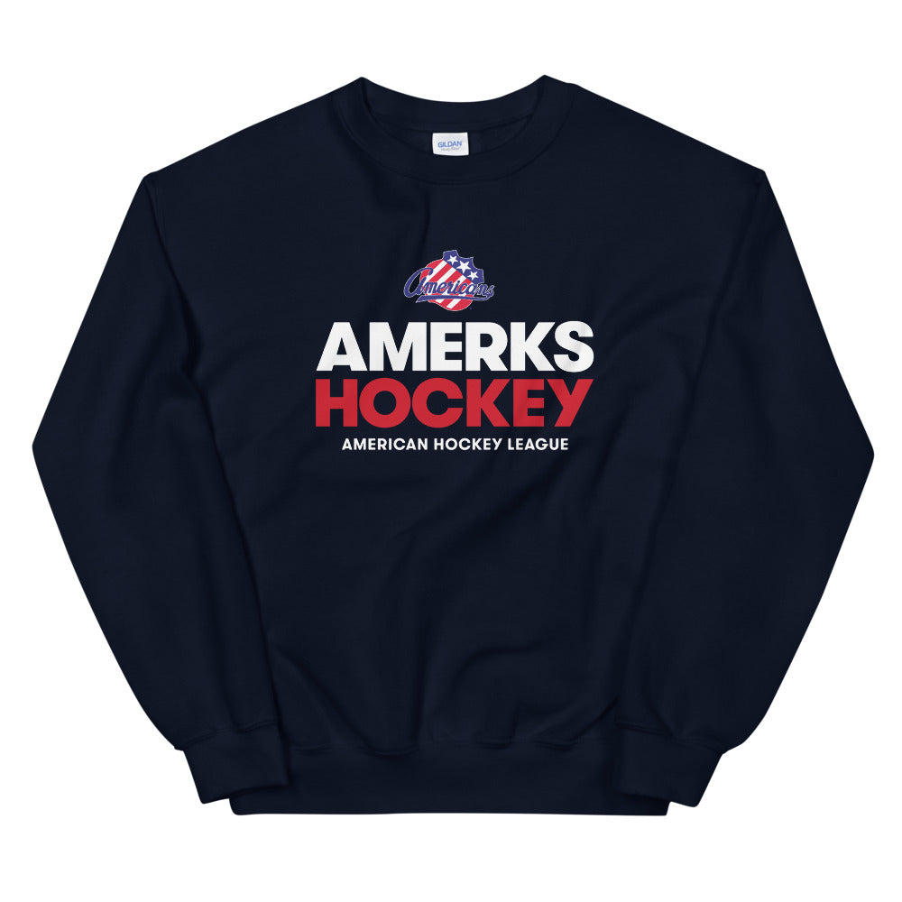 Rochester Americans Hockey Adult Crewneck Sweatshirt (Sidewalk Sale, Navy, Small)