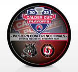 Chicago Wolves vs. Stockton Heat 2022 Calder Cup Playoffs Dueling Souvenir Puck