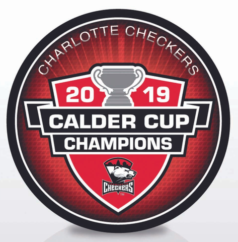 Charlotte Checkers 2019 Calder Cup Champions Souvenir Puck with roster