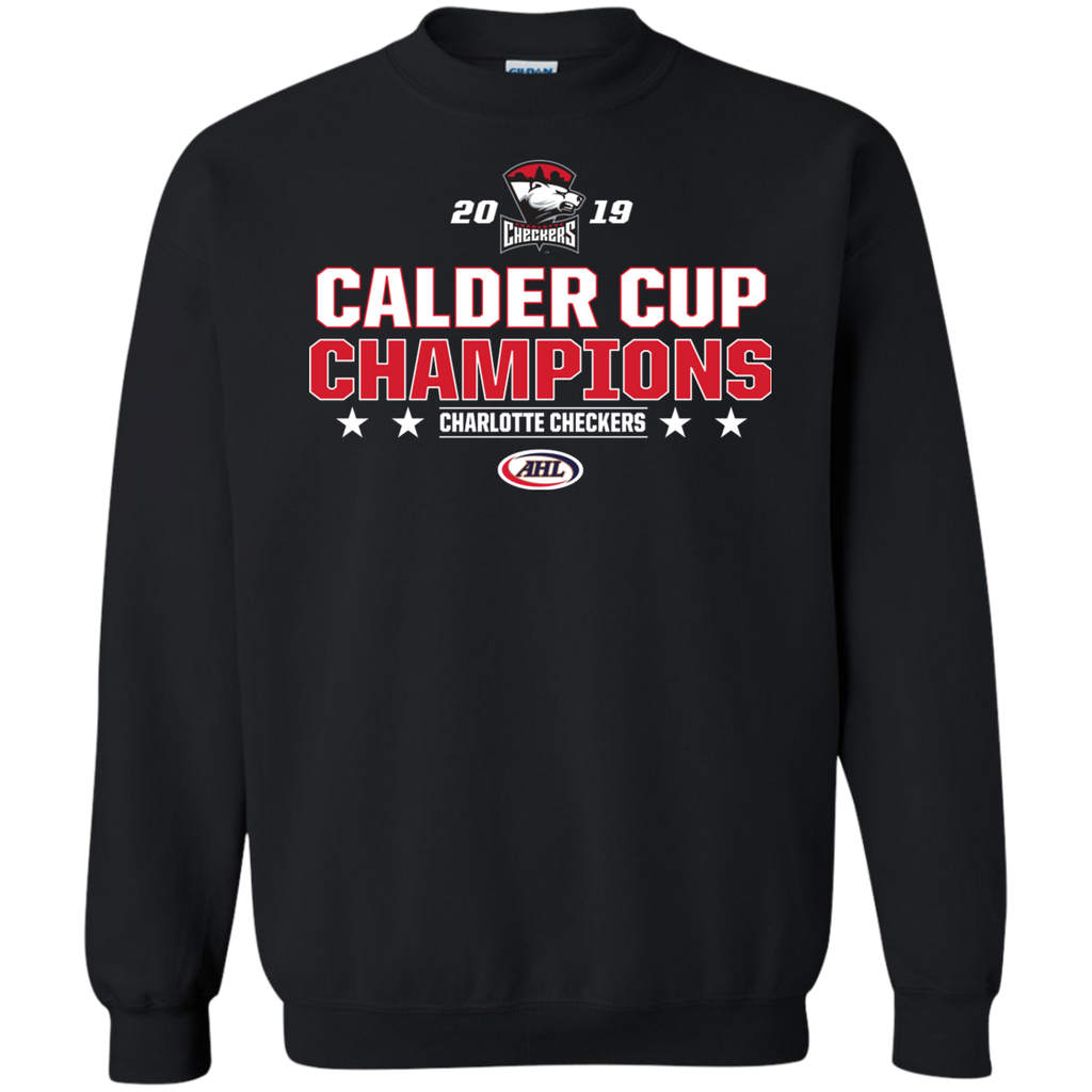 Charlotte Checkers 2019 Calder Cup Champions Adult Stacked Crewneck Pullover Sweatshirt (sidewalk sale, black, Small)