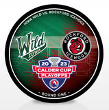 Iowa Wild vs Rockford IceHogs 2023 Calder Cup Playoffs Dueling Souvenir Puck