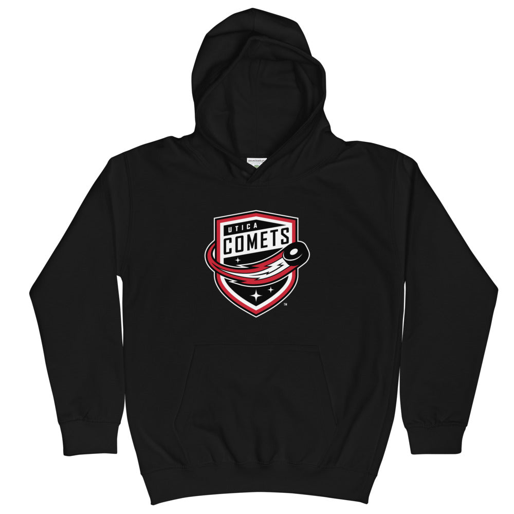 Utica Comets Youth Primary Logo Pullover Hoodie (Sidewalk Sale, Black, Youth XL)